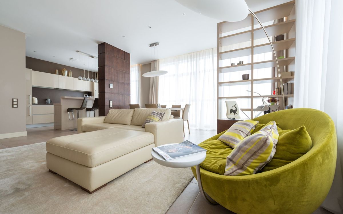 Comfortable armchair with pillows beside a sofa in a spacious living room
