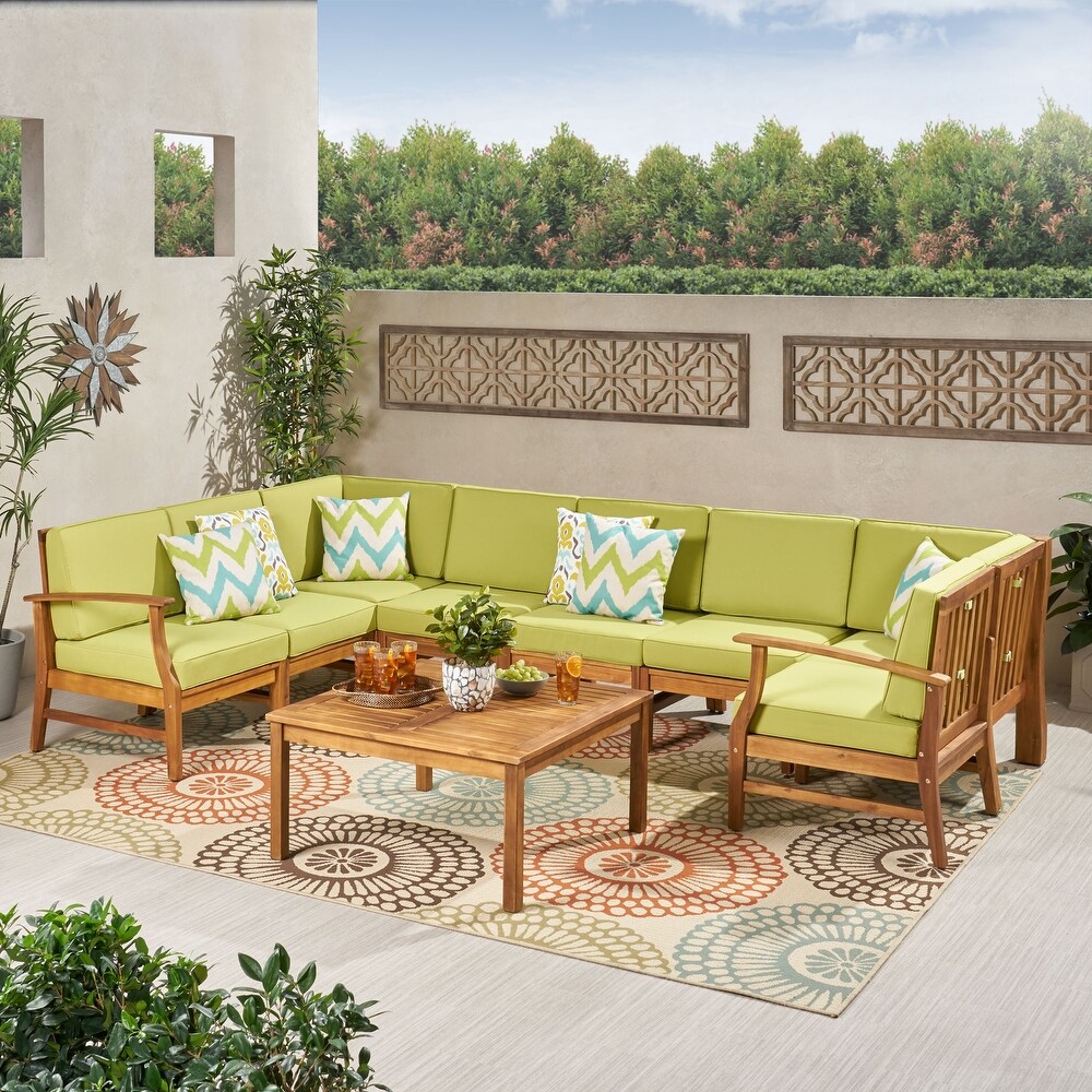 Perla Outdoor Acacia Wood 9 piece Sectional Sofa Set with Cushions by Christopher Knight Home 6