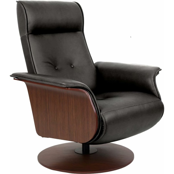 Fjords Hans Recliner - Small Relaxer Chair, Black Astro Line Premium Leather with a Walnut Veneer Base