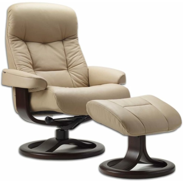 Fjords Hjellegjerde Recliner – Large Muldal Swivel Reclining Chair, Sandel Light Brown Leather Walnut Wood