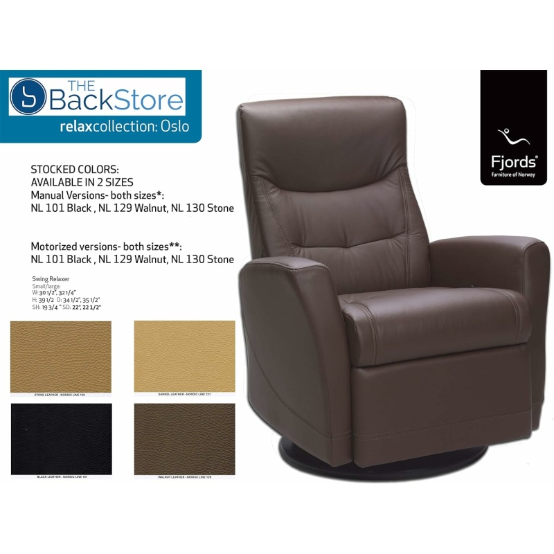 Fjords Oslo Recliner - Small Power Swivel Relaxer Reclining Chair, Black Nordic Line Leather
