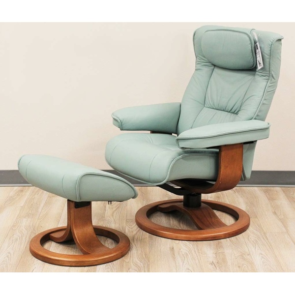 Fjords Regent Recliner Chair with Ottoman - Large, Soft Line Genuine Seagreen Leather Cherry Wood
