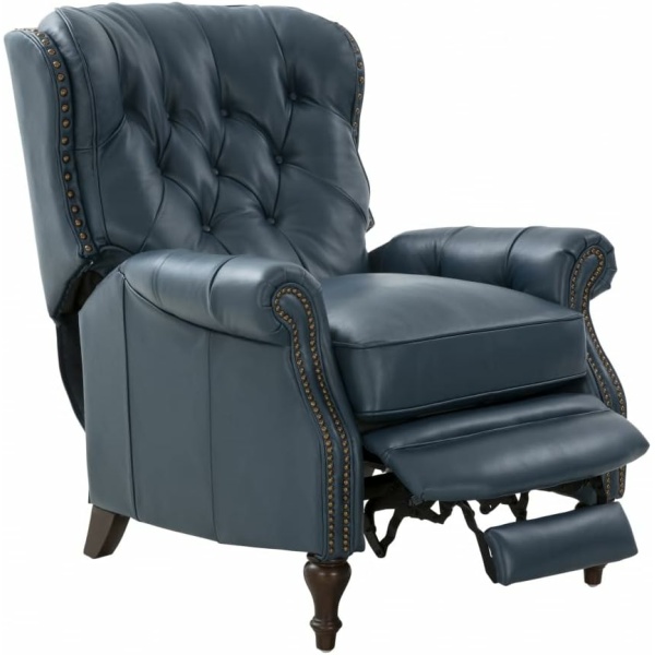BarcaLounger Kendall Recliner – High Barrel Wingback Chair, Preston Yale Blue All Leather