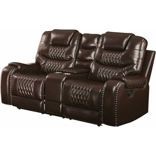 Acme Braylon Tufted Reclining Loveseat with Console, Brown Faux Leather