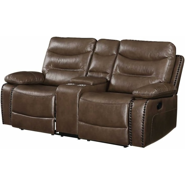 ACME Furniture Aashi Reclining Loveseat with Console, Brown Leather-Gel Match