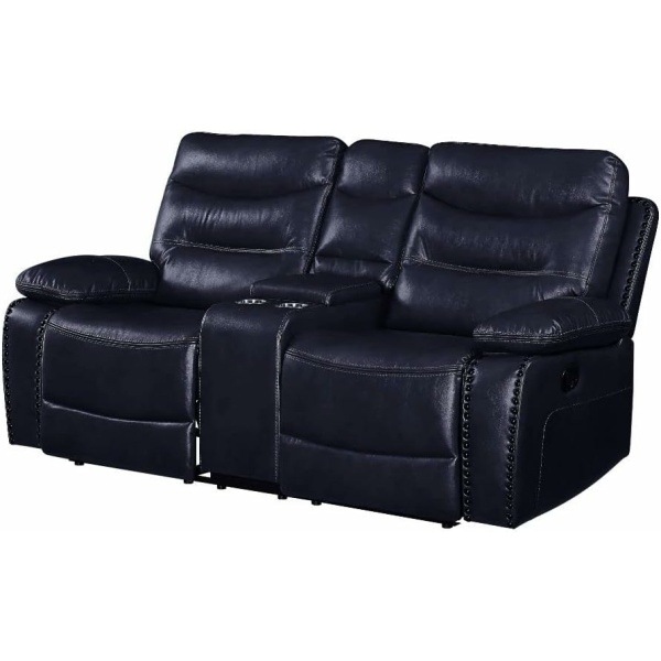 ACME Furniture Aashi Reclining Loveseat with Console, Navy Leather-Gel Match