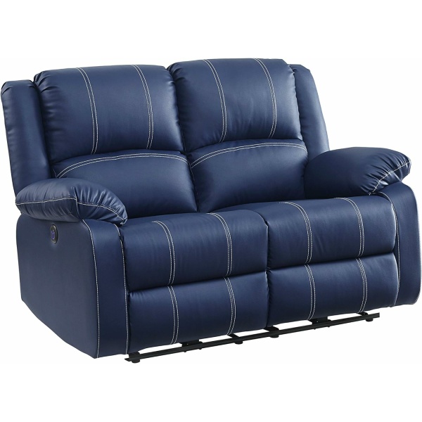 Acme Zuriel Power Motion Reclining Loveseat with USB Ports, Blue Faux Leather