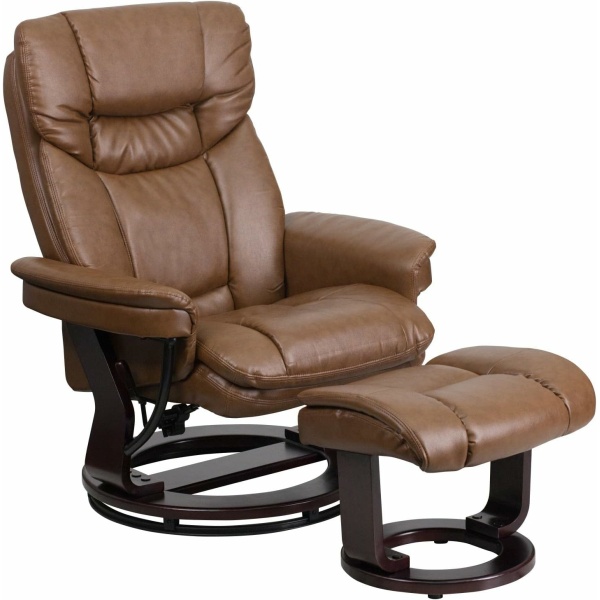Flash Furniture Allie Swivel Recliner with Ottoman Footrest - Mahogany Wood Base, Palimino LeatherSoft