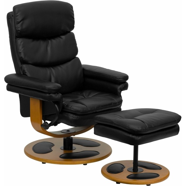 Flash Furniture Whitney Contemporary Multi-Position Recliner with Ottoman - Wood Base, Black LeatherSoft